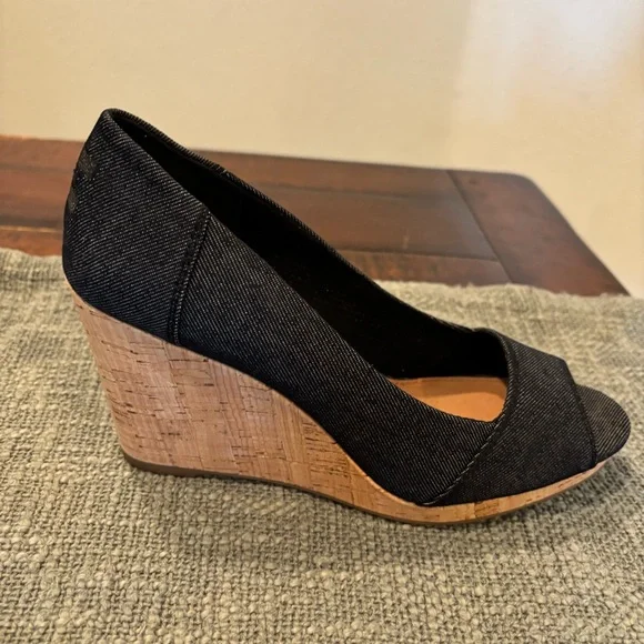 Toms Black Denim Stella Peep-Toe Cork Wedge Heels - Picture 7 of 13